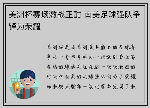 美洲杯赛场激战正酣 南美足球强队争锋为荣耀